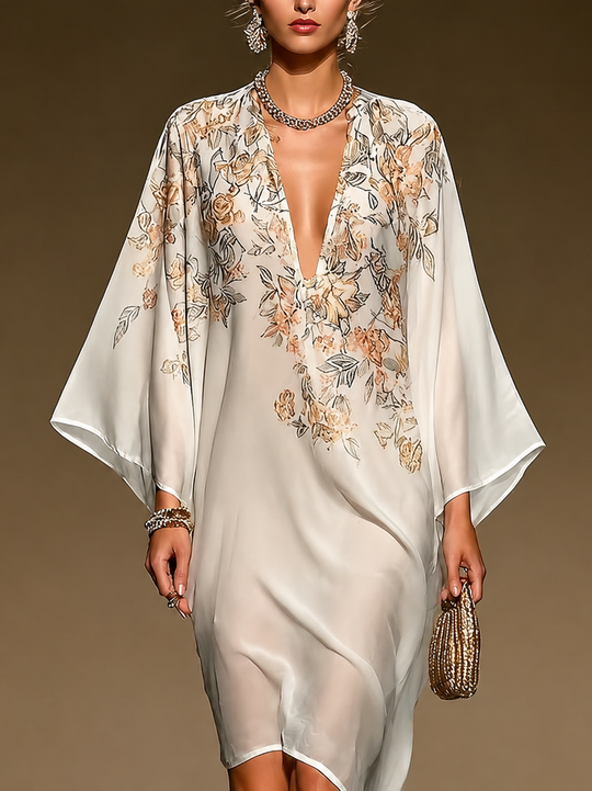 Beige Chiffon Kaftan Dress with Floral Print, Deep V Neck, Batwing Sleeve, Asymmetrical Hem, Flowing Midi Dress