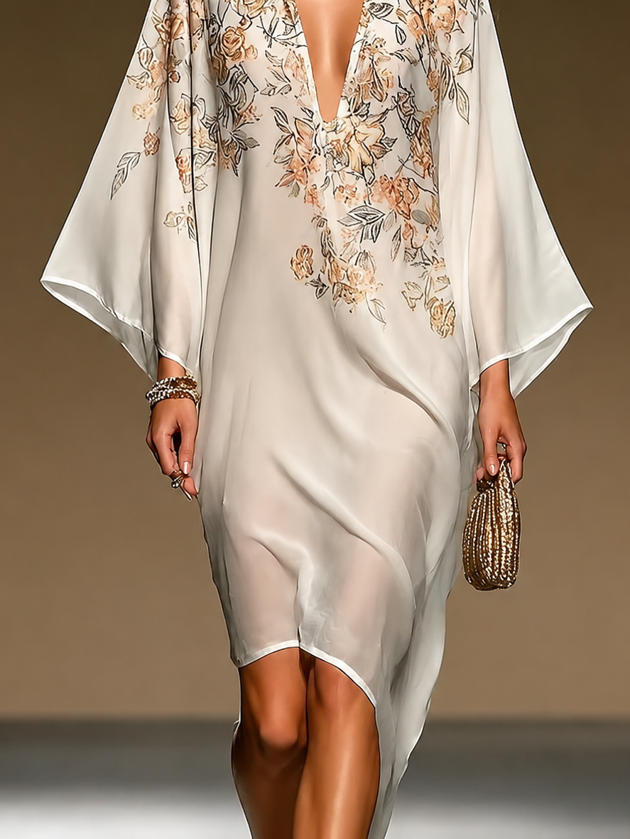 Beige Chiffon Kaftan Dress with Floral Print, Deep V Neck, Batwing Sleeve, Asymmetrical Hem, Flowing Midi Dress