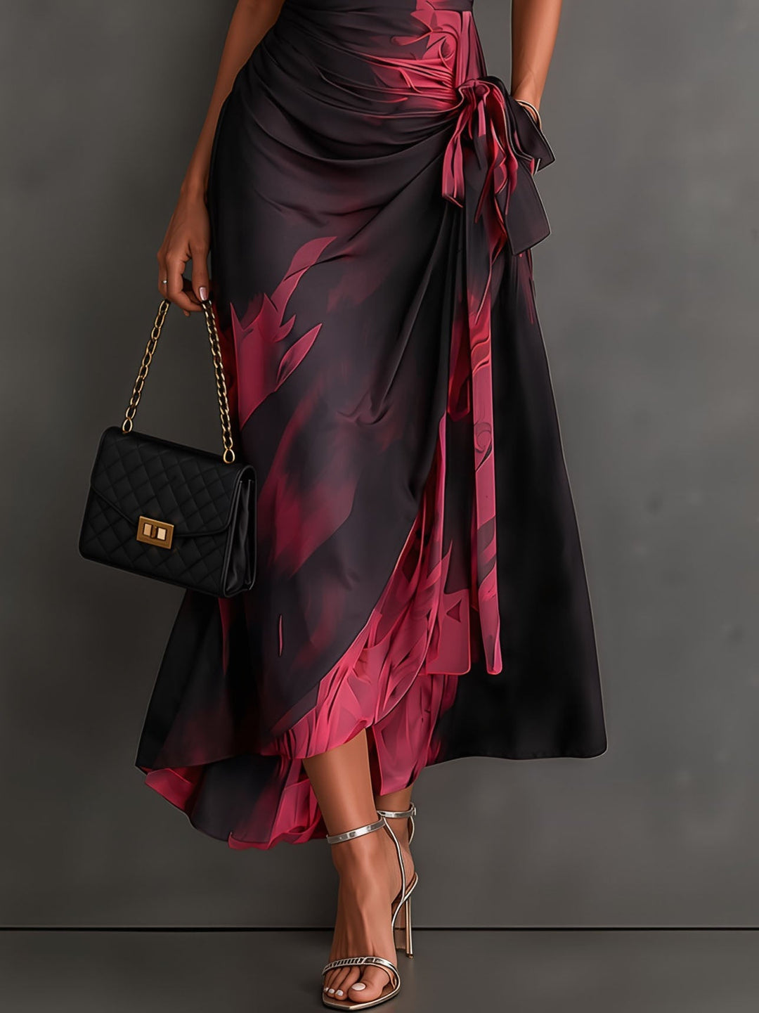 Red and Black Abstract Print Midi Wrap Dress, V-Neck Collar, Short Sleeves, Tie Waist, Asymmetrical Hem with Ruffles