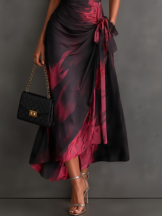 Red and Black Abstract Print Midi Wrap Dress, V-Neck Collar, Short Sleeves, Tie Waist, Asymmetrical Hem with Ruffles