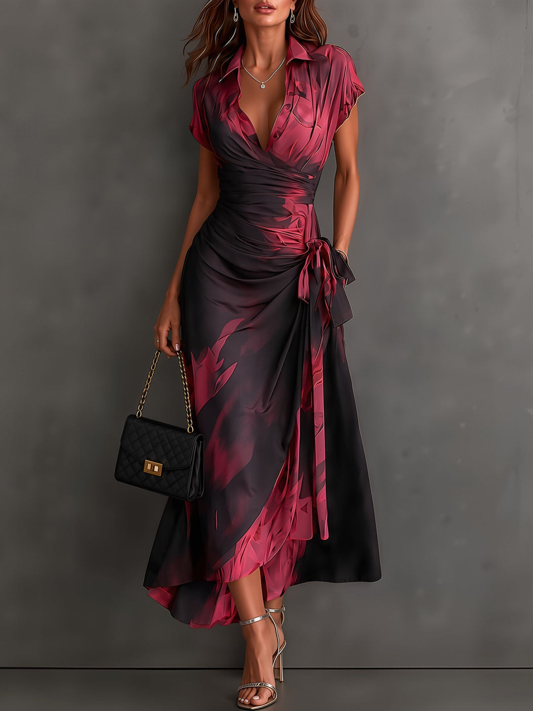 Red and Black Abstract Print Midi Wrap Dress, V-Neck Collar, Short Sleeves, Tie Waist, Asymmetrical Hem with Ruffles